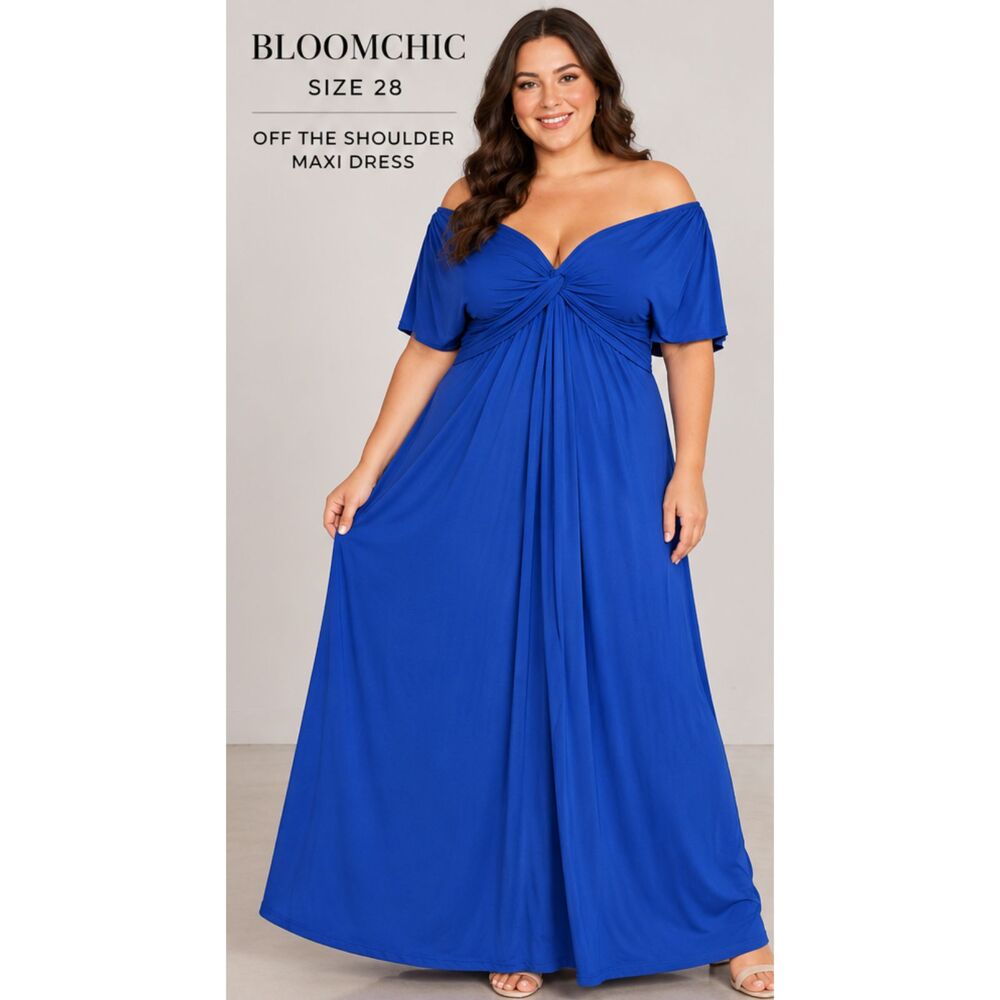 BloomChic Women's 28 5X Blue Twist Front Off Shoulder Midi Dress NWT